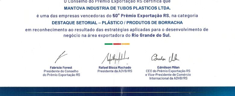 Con aumento del 47% en las ventas al mercado externo en el primer semestre, Mantova se destaca en el “Prêmio Exportação RS”